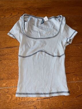 Divided Light Gray Square Neck Ribbed Tee with Contrast Stitching